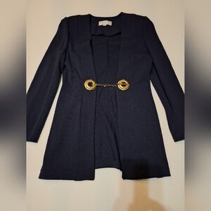 St. John Collection Santana Knit Longline Jacket Blazer Navy Gold Buttons Size 4